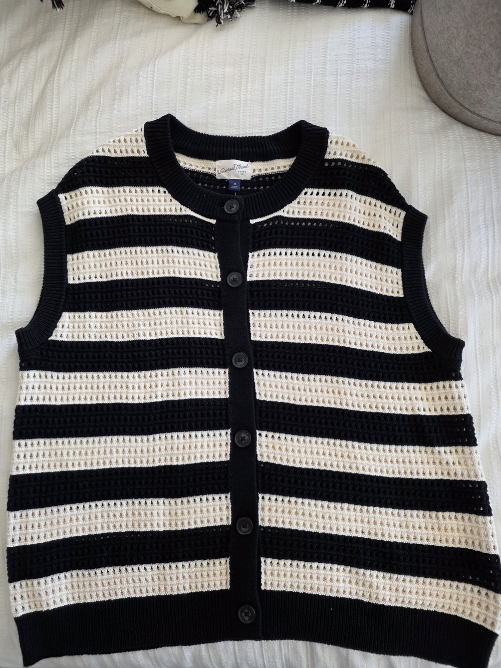 Universal Thread Black and White Striped Pointelle Button-Front Sweater Vest NWT
